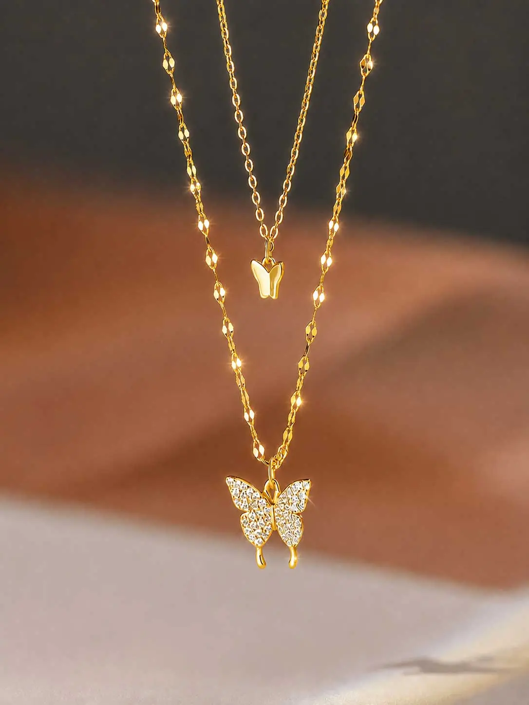 2 Layer Butterfly Necklace for Women, Gold Tone & Silver Tone Pearl Beaded Chain Necklace, Double Butterfly Rhinestone Pendant Jewelry, Elegant Layered Necklace With Gift Box, Party Everyday Birthday Gift