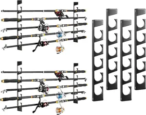 Moko Fishing Rod Pole Holders, Wall or Ceiling Mounted Metal Fish Rod Rack with Protective Layers, 2 Set Horizontal Fishing Pole Storage Organizer Holds Up to 10 Rods, Fishing Gifts for Men, Black