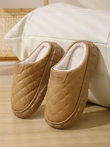 Men's Letter Label Design Plush Slippers, Casual Soft Comfortable Quilting Design Home Slippers, Warm Slippers for Indoor & Outdoor Use for Fall & Winter, Footwear