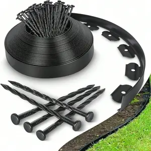 Black Plastic Landscape Edging, No-dig Garden Border Kit, flexible to use, easy to cut and install. Equipped with 3 fixing stakes per meter, it serves as outdoor lawn divider, perfect for yards, walkways, flower beds and landscape decoration.