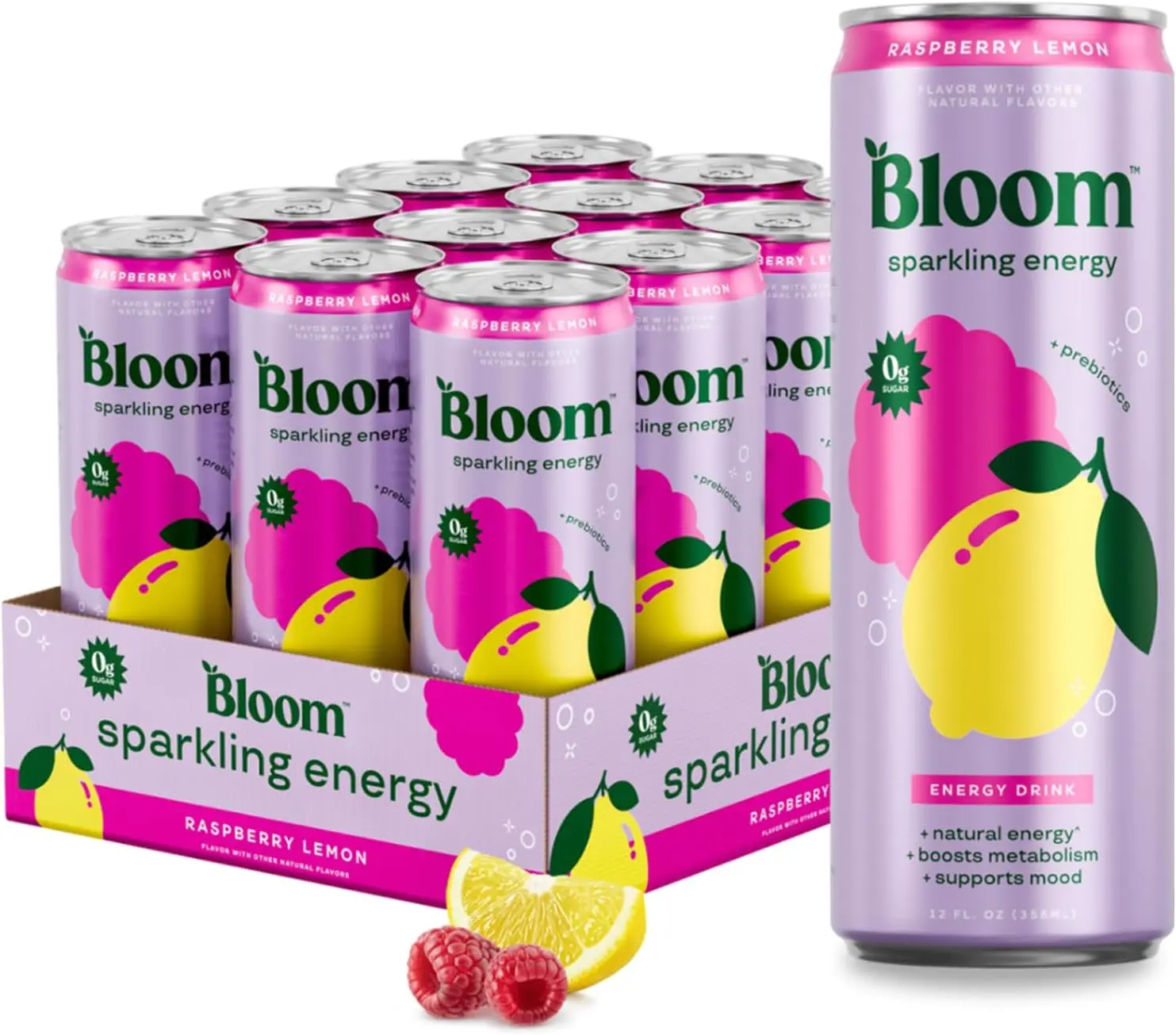 Bloom Nutrition Sparkling Energy Drink Raspberry Lemon, 180mg Natural Caffeine, Zero Sugar, Green Tea Extract, Prebiotics, 12oz 12 Pack