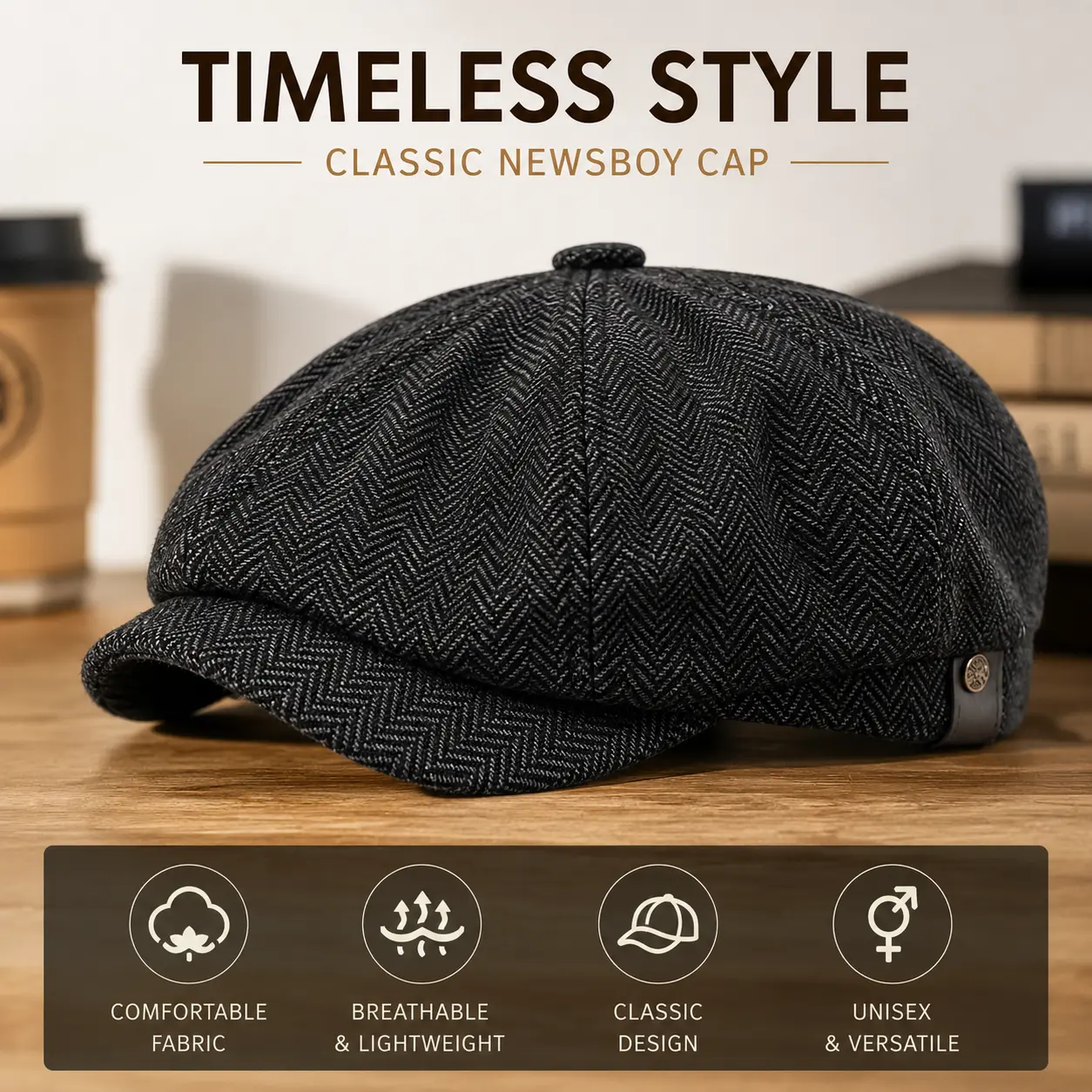 Tweed Gatsby Hat - Men's Newsboy Cap, Flat-Top Golf Cap, Unisex Style for Fathers & Women, One Piece Includes One Hat