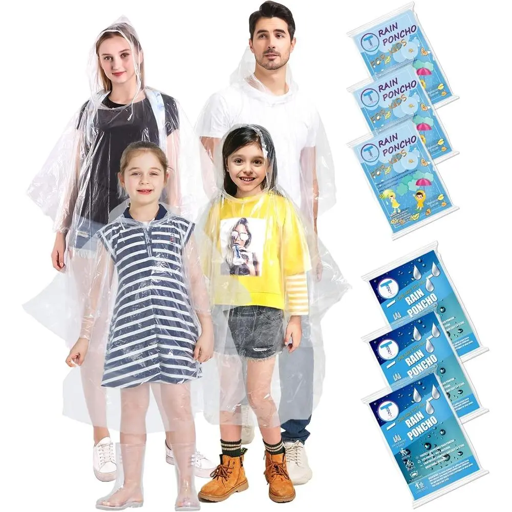 Rain Ponchos 6 Pack Family Set - 50% Thicker Disposable Emergency Raincoat with Hood for Adults & Kids, Waterproof, Pocket Size for Outdoor & School