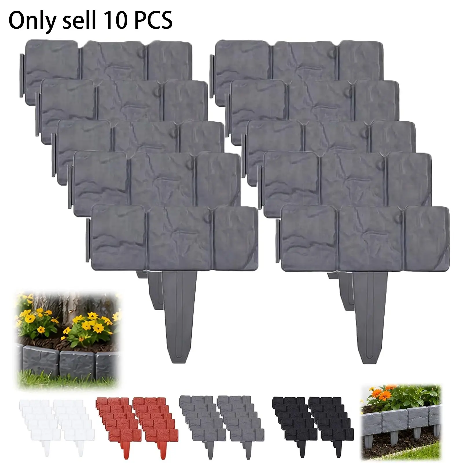 10 PCS Imitation Stone Garden Fence, Faux Stone Garden Border, Garden Edging Border, Effect Landscape Decor Interlocking Decorative Panels Flower Bed Path Lawn Outdoor Picket Yard Grass Edge Garden Landscaping, Garden Fencing Panel