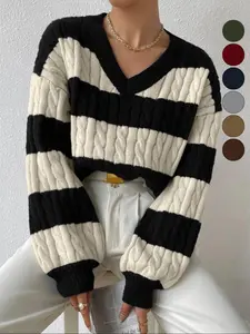 Women's Cable Knit Color Block Striped V Neck Sweater, Casual Long Sleeve Drop Shoulder Jumper Pullover Tops for Autumn & Winter, Korean Style Clothes