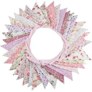 10M/32Ft Triangle Bunting Banner, 36 Pcs Cotton Fabric Flags Pennant Garlands for Birthday Party, Wedding, Baby Shower, Outdoor and Home Decorations (Pink)