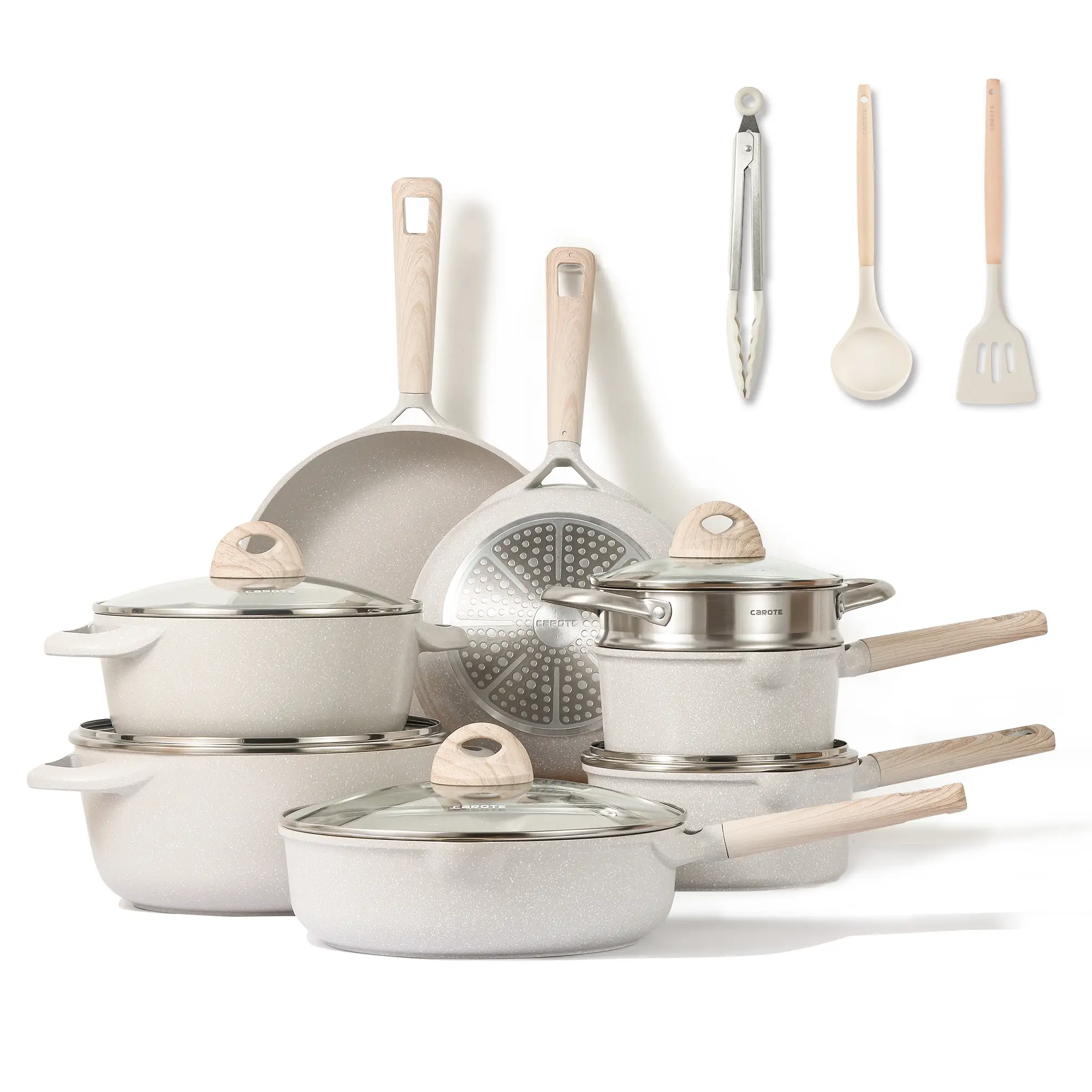 [Official] CAROTE 11/16pcs Pots and Pans Set Non Stick, Kitchen Cookware Sets, Large Capacity Pots Set, Induction cookware, Beige Frying pan