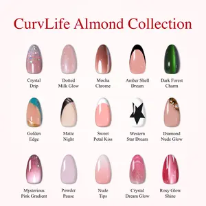 CurvLife Medium Almond Collection Press-On Nails, 15 Chic Medium Almond Styles in Pink Nude Chrome Cat Eye French Glitter Designs, Glossy Reusable Full Cover Fake Nails for Everyday and Party Looks