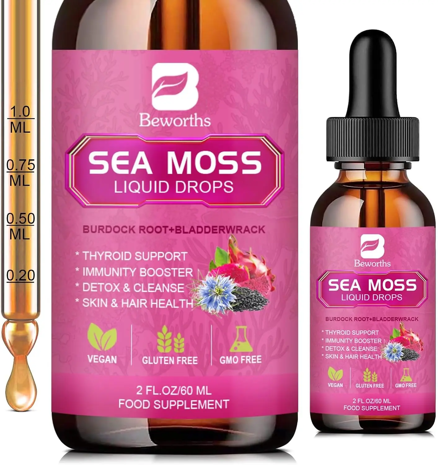 Sea Moss Liquid Drops - Organic Irish Sea Moss with Black Seed Oil, Ashwagandha, Soursop, Bladderwrack, Burdock Root, Elderberry, Turmeric | Seamoss for Immune Support, Energy, Hair & Digestion -Vegan