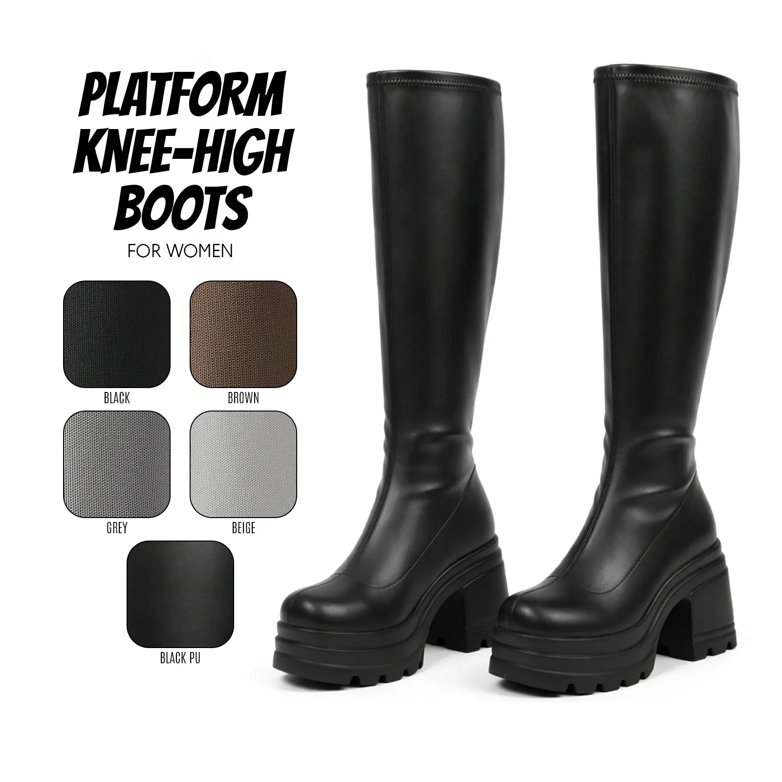Platform Sock Boots For Women Knee High Stretch Knit Boot Round Toe Chunky Block Heel Easy Pull On Party Work Casual Warm Comfy Outdoor Walking Streetwear Evening Nightout Trendy Footwear for Spring Summer Fashion Long Tall Dressy Shoes