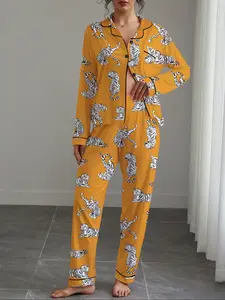 Women's Tiger Print Pajama Set, Casual Fitted Long Sleeve Shirt & Elastic Pants, Soft Stretchy Fabric, Fall Winter Home Wear Loungewear, Pyjamas