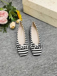 2026 New Striped Square Toe Flat Shoes, French Soft Sole Low Top Bow Single Shoe, Commuter Versatile Slimming Women's Shoes