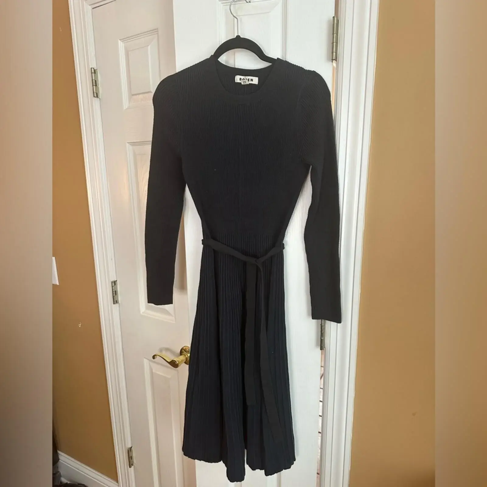 Women's Boden Knitted Ribbed Long Sleeve Chic Midi Dress with Waist Tie Belt