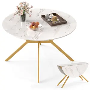 COSTWAY - Folding Dining Table 47 Inch Extendable Round Kitchen Table with Drop Leaves-White