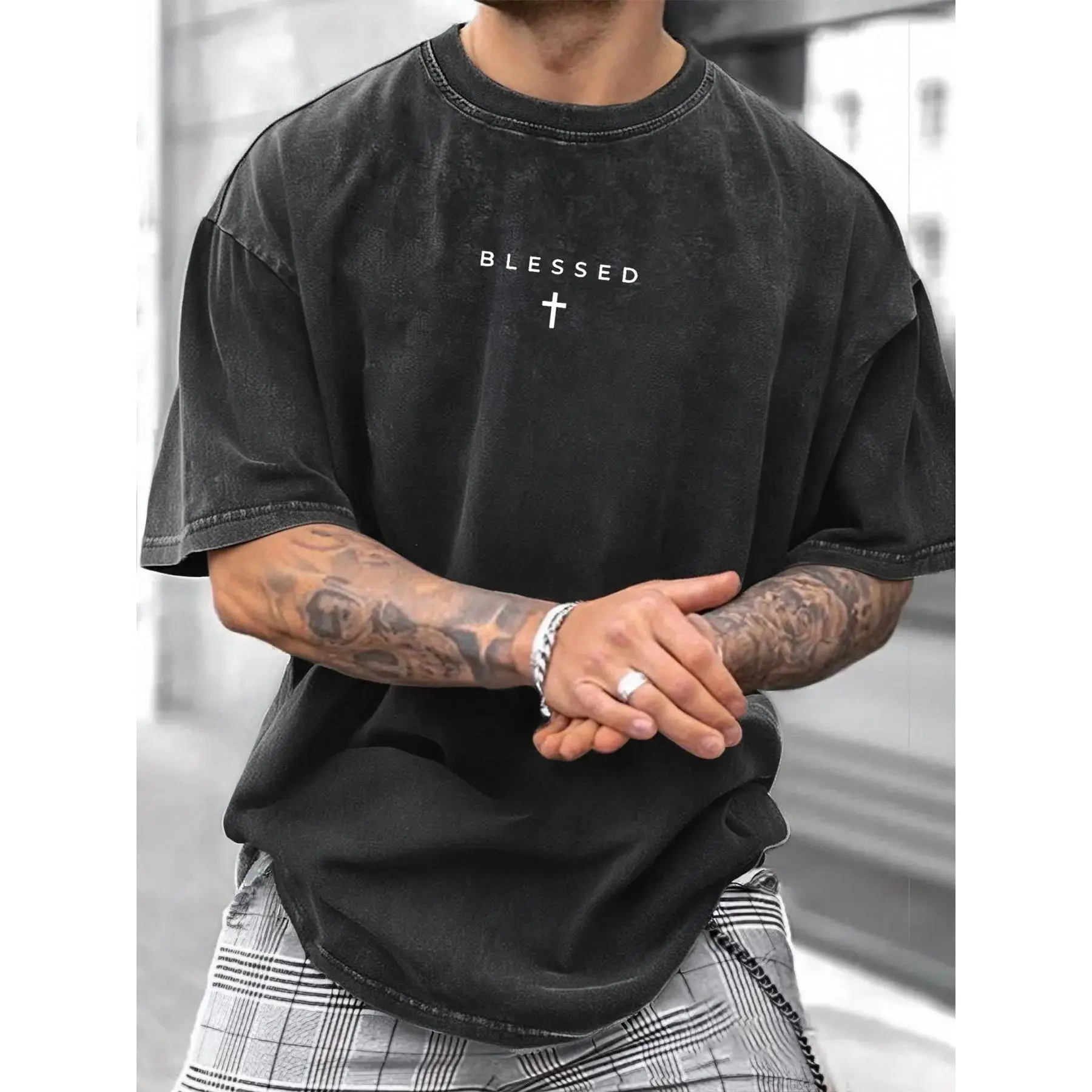Men's Faith-Themed Print Tops, Oversized Round Neck Short Sleeve T-Shirt with Blessed Cross Graphic in Washed Premium Cotton
