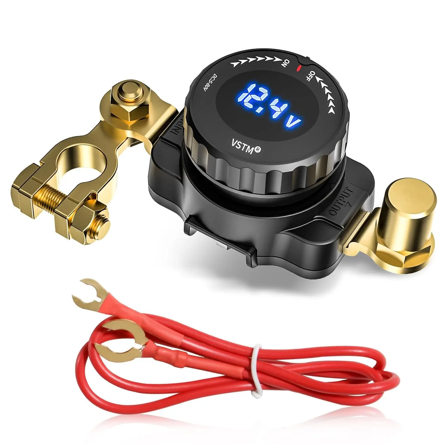 Top Post Battery Disconnect Switch with Voltmeter, 5V-80V Negative On/Off Master Isolator Power Cut Shut Off, for Car, RV, Motor Vehicle Electronics