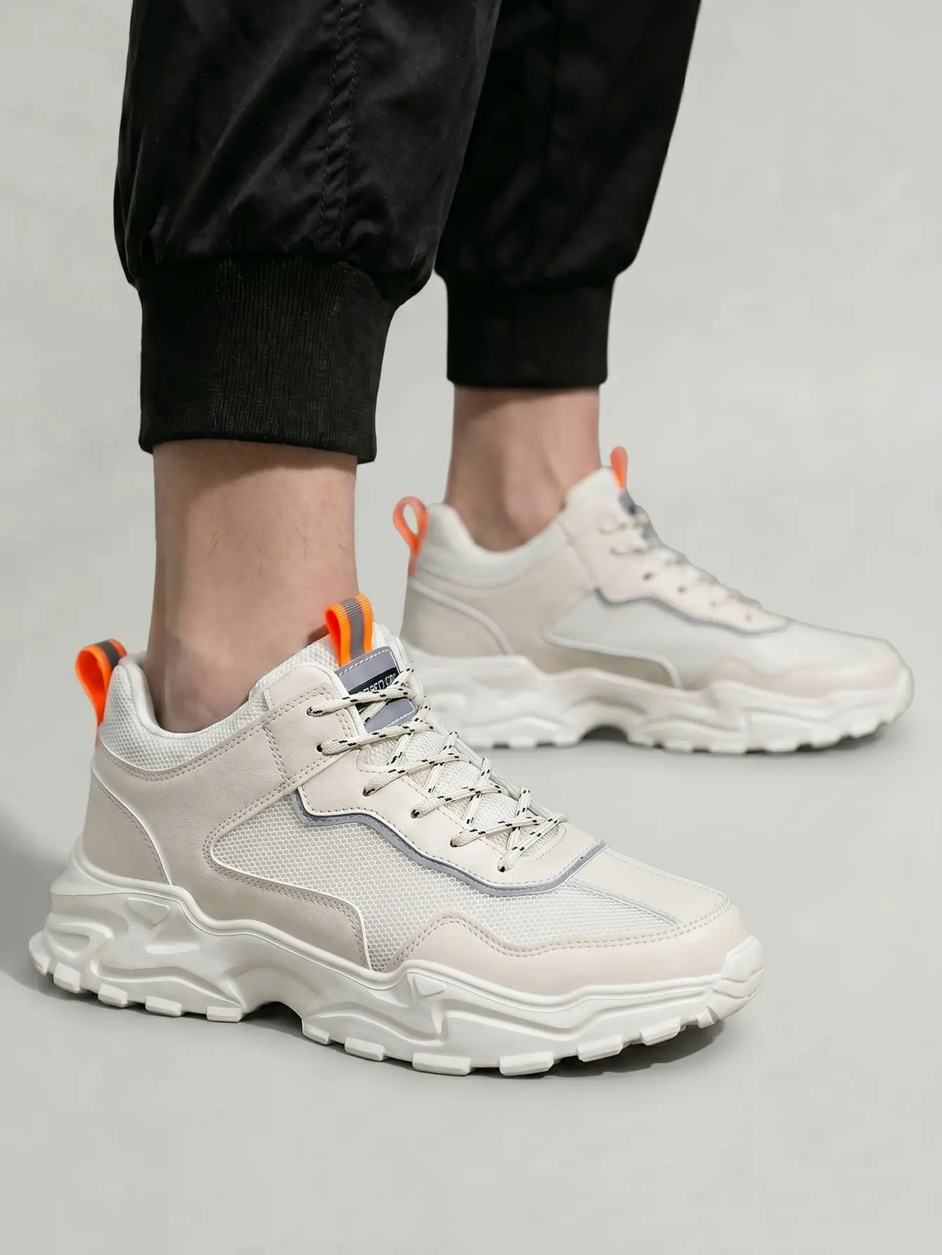 Men's Streetwear Trainers, Chunky Mesh Patchwork Lace Up Platform with Cushioned EVA Wedge and Foam Insole for Daily Walks, Round Toe, Pull Tabs