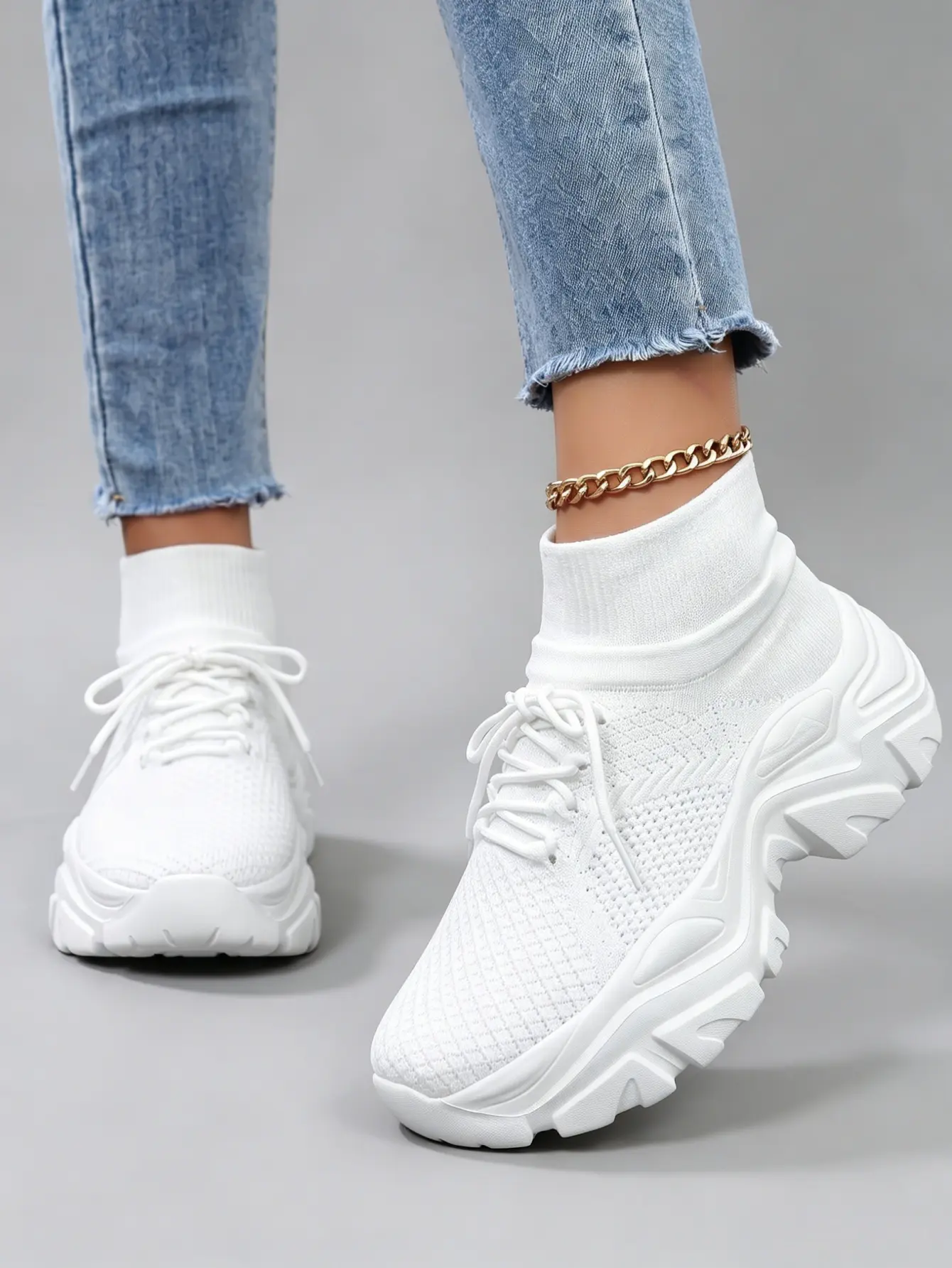 Women’s All-White Knit Sock Platform Chunky Sneakers - Seamless Breathable Mesh Wedge Dad Trainers, Cushioned Non-Slip Mid-Ankle Walking Shoes for Daily & Gym Use, Women's Sneakers, Sneakers For Women