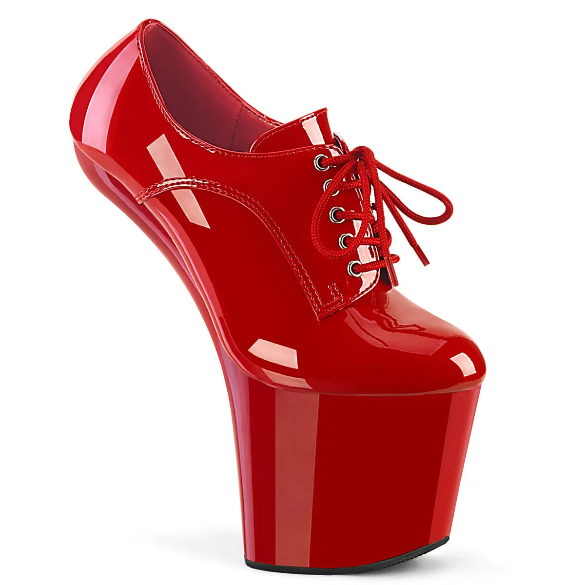 Women's 8" Heelless Pumps in Red Patent Leather, Oxford Lace-Up Style with 3" Platform and Convertible Mini Wedge, Footwear, Elegant, Classy