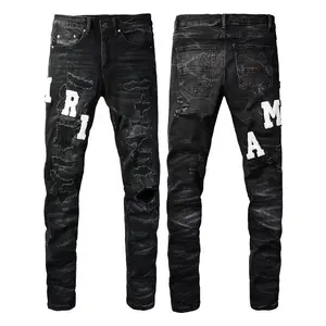 Men's Ripped Holes Straight-Leg Embroidered Letters Messy Thread Patch Stretch Slim-Fit Casual Cotton Black Denim Street Jeans, Ideal for Outdoor Sports, Ripped Holes Jeans