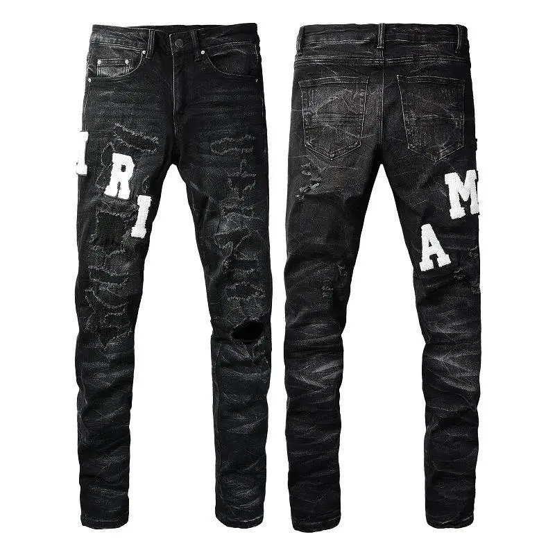 Men's Stretch Cotton Black Denim Jeans - Ripped Holes, Straight-Leg, Embroidered Letters, Messy Thread Patch, Slim-Fit Casual Style, Ideal for Outdoor Sports (Sports & Outdoor Clothing)