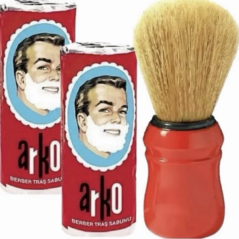 Arko Shave Factory 2 x Arko Shaving Cream Soap Stick & Omega Shaving Brush with Natural Boar Bristle Red