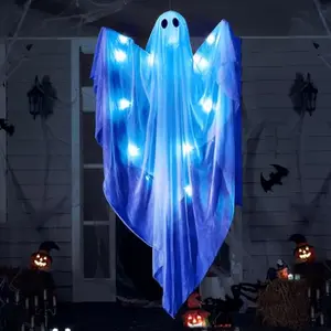 Halloween Hanging Light up Ghost with Spooky Blue LED Light, 47 White Ghosts Halloween Hanging Decoration for Front Yard Patio Lawn Garden Party Decor Indoor Outdoor