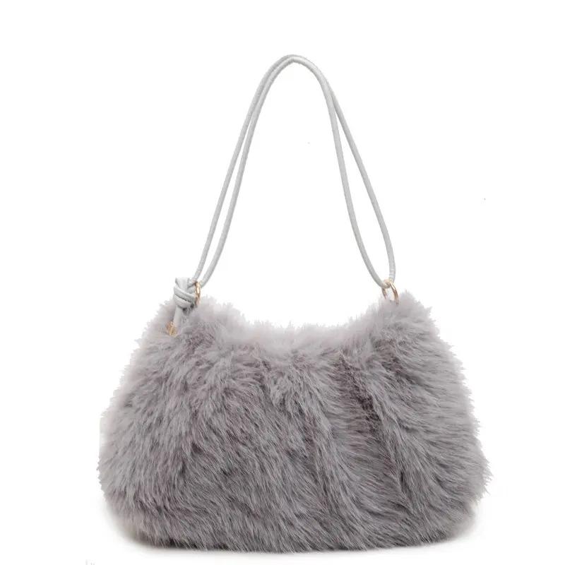 Gosect Women's Shoulder Bag, Korean Preppy Half Moon Plush Handbag, Convertible PU Leather Crossbody Satchel with Zipper, Handbag Shoulder Bag, Chic, Pu Tote Satchel, Adjustable Strap, Casual, Basic, Plain, Cute, Scratch Resistant, Plush Fur, Elegant, Hal