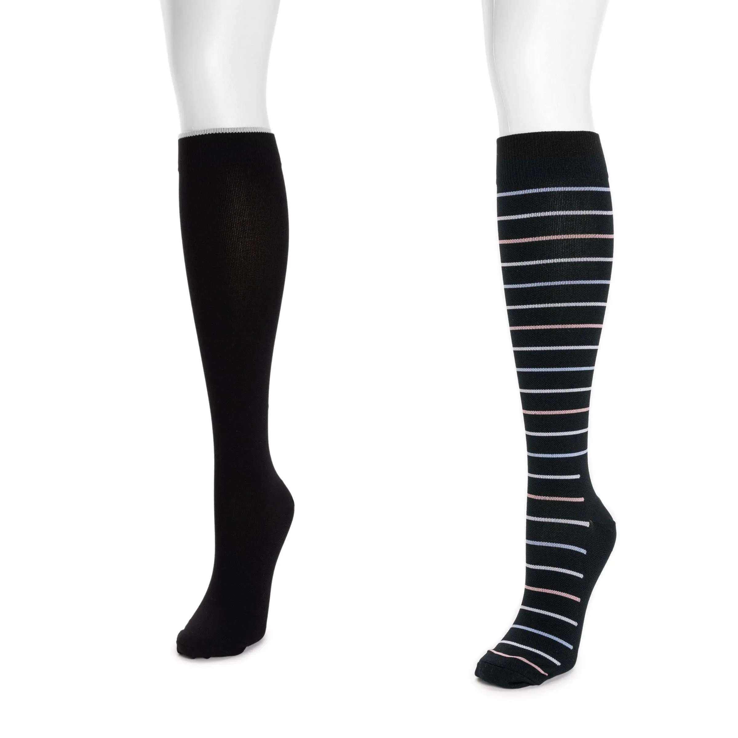 Women's 2-Pair Graduated Compression Knee-High Socks - Chic Striped & Solid, Stretchy Performance Nylon Fabric, 8-12 mmHg, Arch Support, Additional 1/2" Max Cuff Stretch for All-Day Wear & Those Needing Extra Support, Style