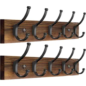 2 Pack Wooden Wall Mount Coat Rack, 16.1" Rustic Coat Hanger Hooks with 10 Double Hooks for Hat Clothes Bags Jacket, Brown