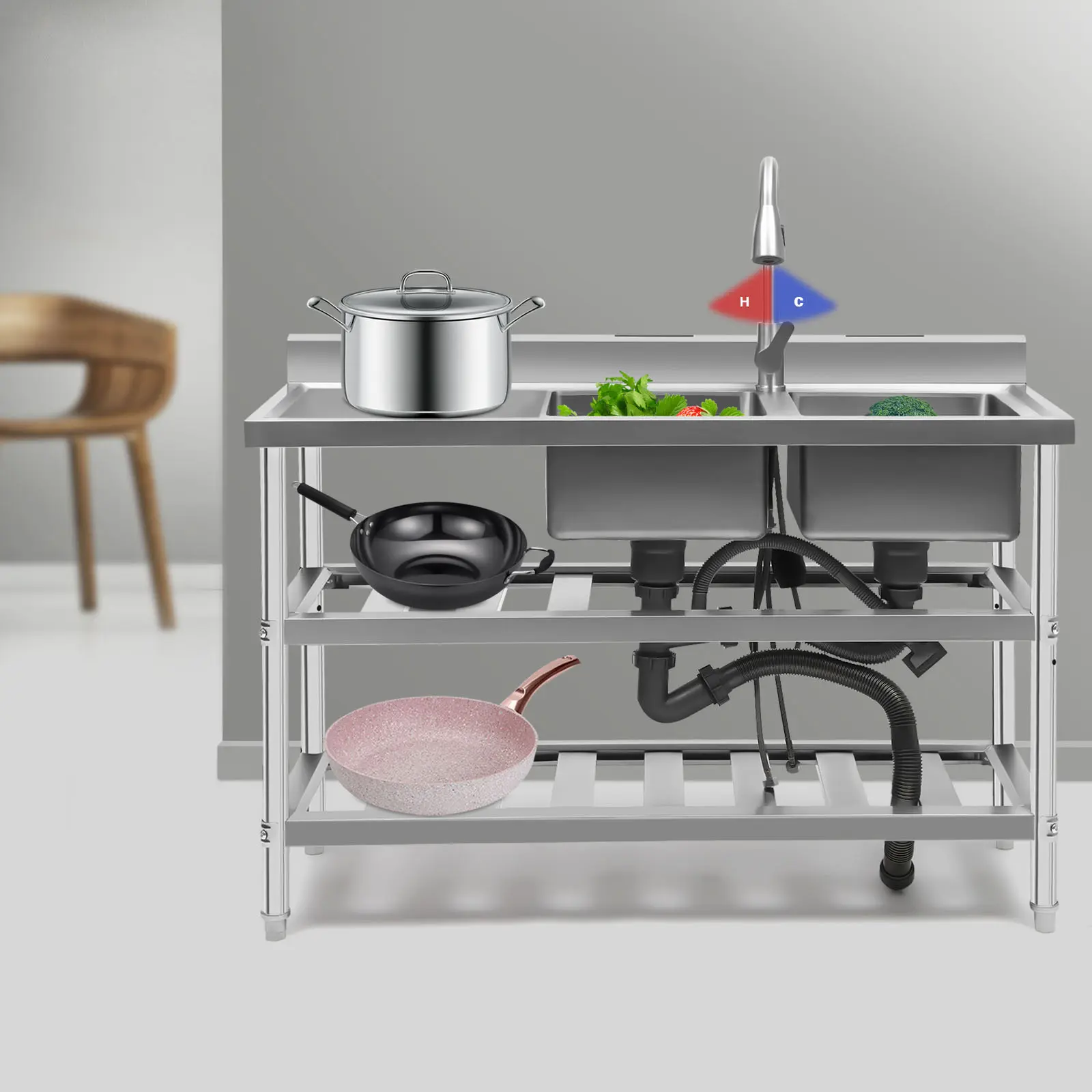 201 Stainless Steel Rectangle Kitchen Sink Workstation - Double-Bowl, Freestanding with Adjustable Legs & Faucet for Commercial Restaurants, Hotels, Commercial Use