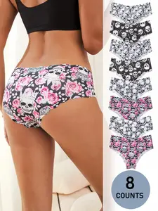 Women's All Over Skull Print Scallop Trim Girls Knickers, Fall Wear, Fitted Soft Comfy Breathable Fabric Seamless Panty for Daily Wear, Women's Underwear for Fall, Underwear for Women, Lady Fall Womenswear, Fashion Comfy Underwear