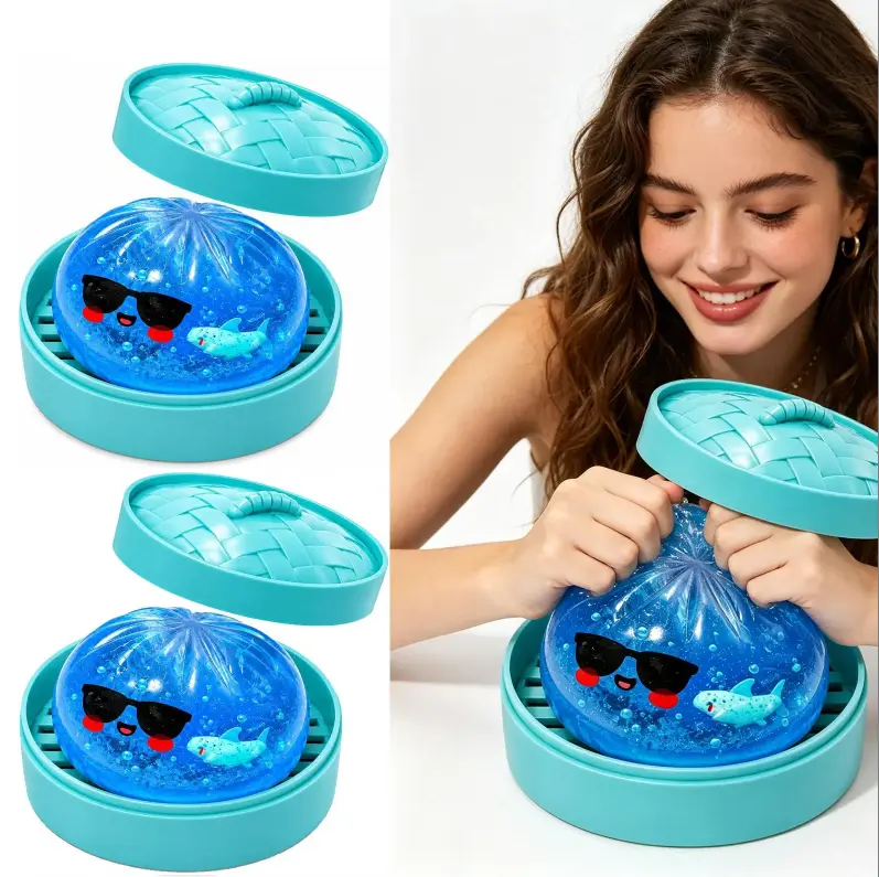 2 Pcs Transparent Blue Glitter Shark TPR Squishy Toy with Mini Steamer Case, Cool Sunglasses Cartoon Dumpling Stress Relief Squeeze Fidget Toy, Novelty Food Shaped Party Favors for Kids Birthday Goodie Bag Fillers & Classroom Carnival Prizes#E3T