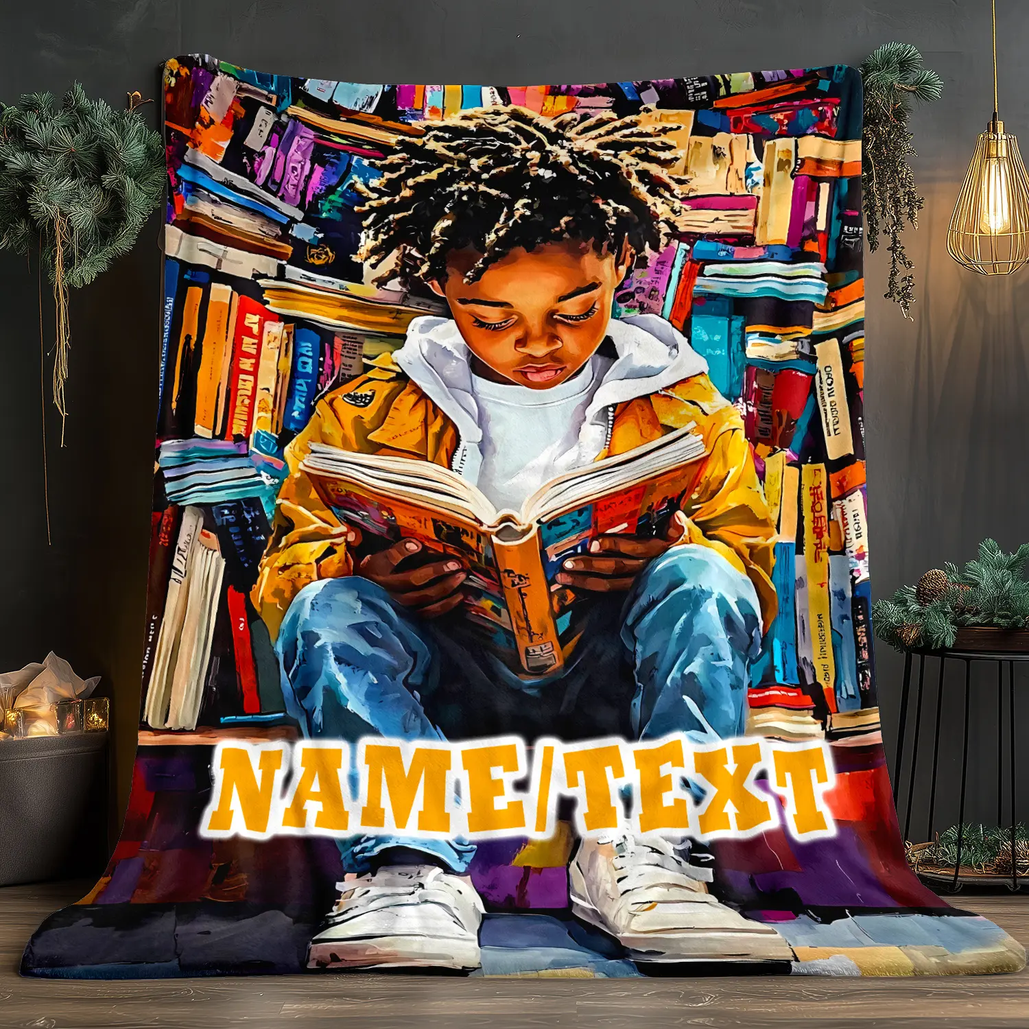 Personalized Young Reader Throw Blanket, Custom Name Watercolor Library Themed Cozy Blanket, Soft Fluffy Lightweight Blanket for Book Lovers, Anti-Pilling Washable Decorative Blanket