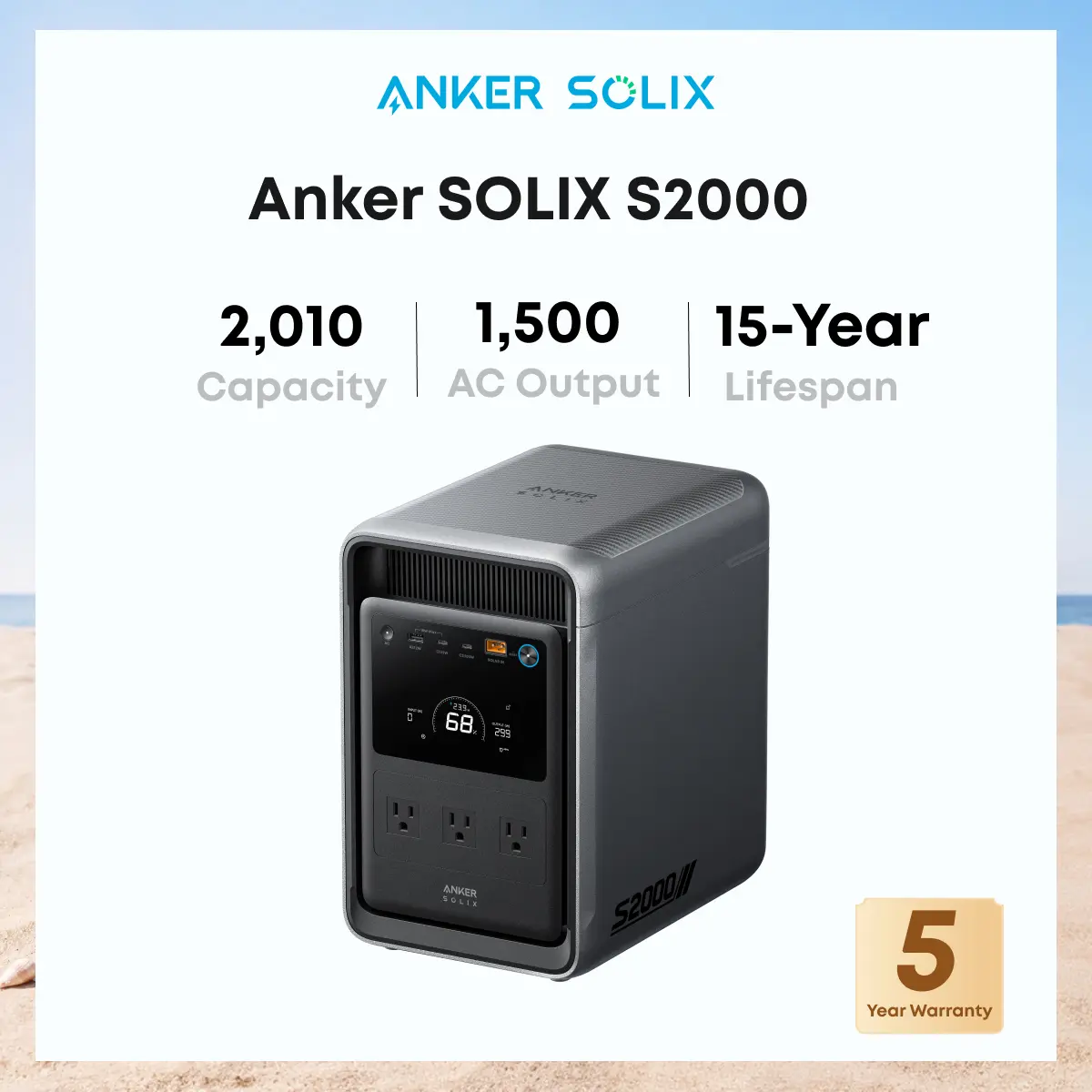 Anker SOLIX S2000 Portable Power Station, 2,010Wh, 1,500W, Home Backup, UPS | 2,010Wh LiFePO4 Battery, Up to 35-Hour Fridge Backup, 1,500W Solar Generator for Home, UPS, Outdoor, and Emergency Use, Batteries, Bluetooth