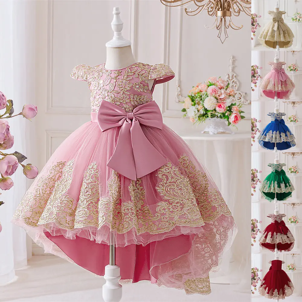 3-8Y Pink Embroidry Tulle Dress 6068 Kids Clothes Big Bow Flower Girls Ball Gown Pageant Performance Frock Children Elegant Princess Prom Host Birthday Formal Evening Party Banquet Dresses for All Season