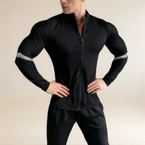 Men's Ultra-Breathable Long-Sleeve Jacket Quick-Drying Lightweight Design for Basketball Cycling Hiking Outdoor Adventures with Zippered Pockets Elastic Fabric Black with White and Red Accents