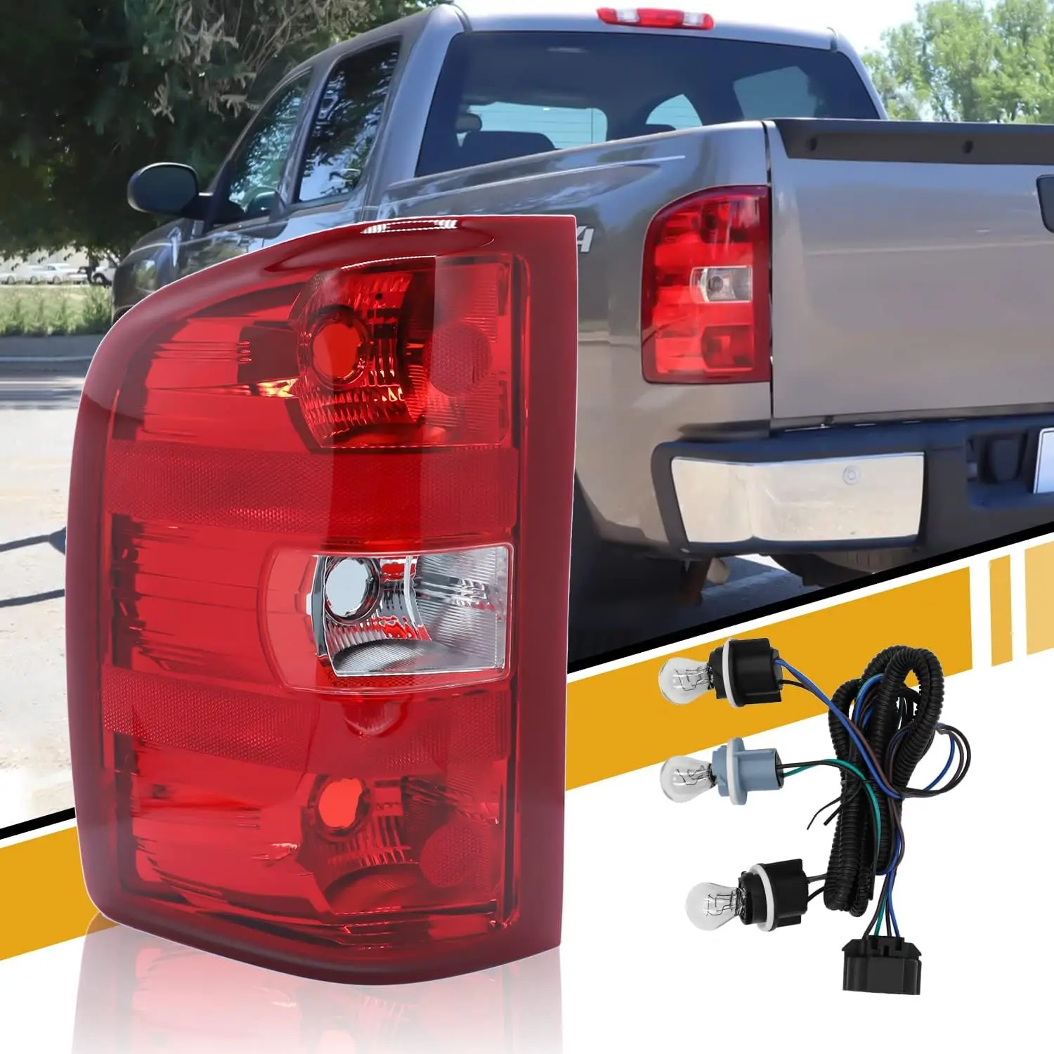 Left Driver Side Original Style Vehicle Tail Light Assembly with Turn Signal Lights, Bulb, Wiring Harness, Polycarbonate Waterproof Set for Chevrolet Silverado 07-13 1500, 07-14 2500 HD 3500 HD, Red Frame, GM2800207 25958482, Car Side Lamp