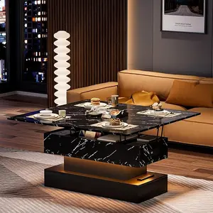 LED Lift Top Coffee Table with Charging Station, Modern High Glossy Coffee Table with LED Light, 3 in 1 Multifunctional Coffee Table with Storage & Hidden Compartments for Living Room,Furniture Marble Tabletop Adjustable coffee table