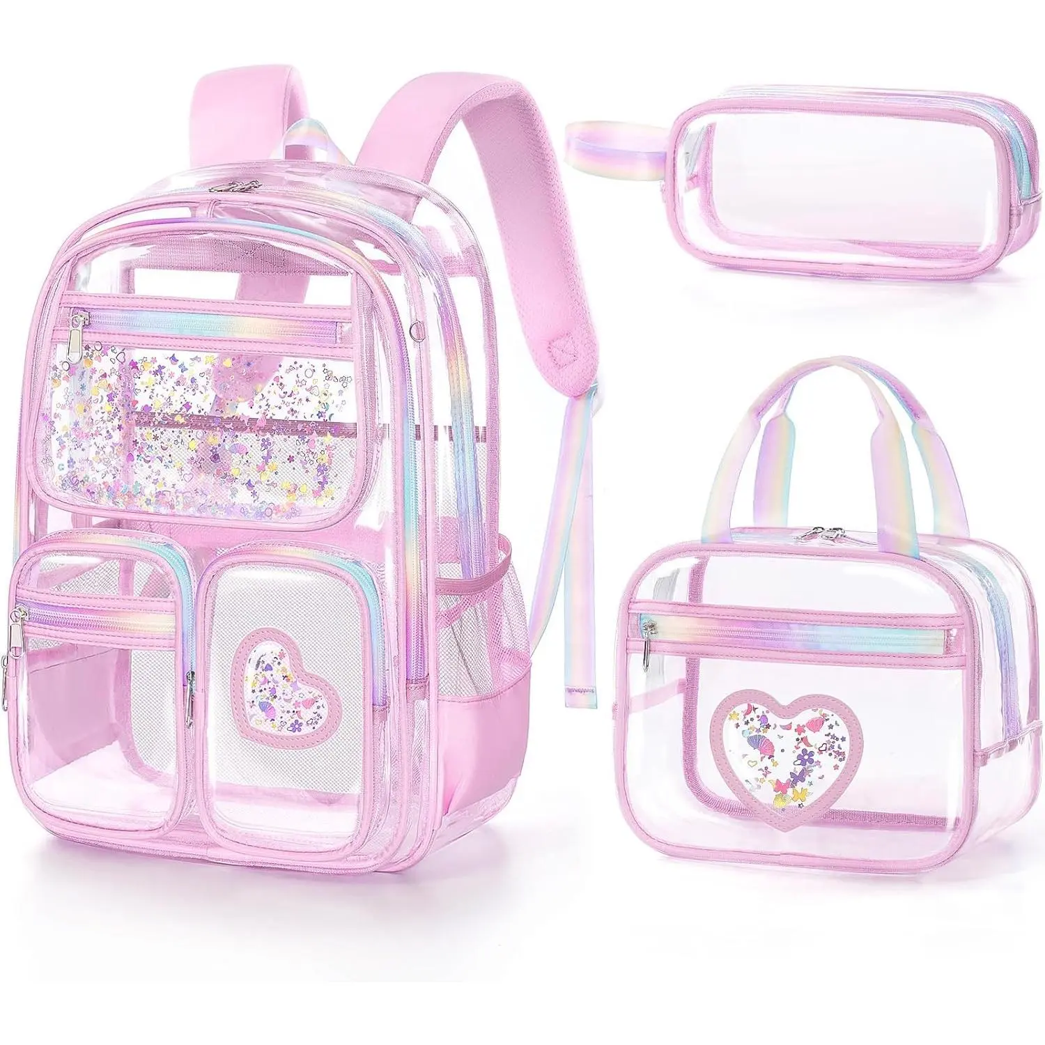 Clear Backpack for Girls, 3 count Heavy Duty PVC Transparent  Backpack for Teen Girls, School Concert Stadium Approved See Through School Teen Girl Bookbag with Lunch Box & Pencil Case, Pink