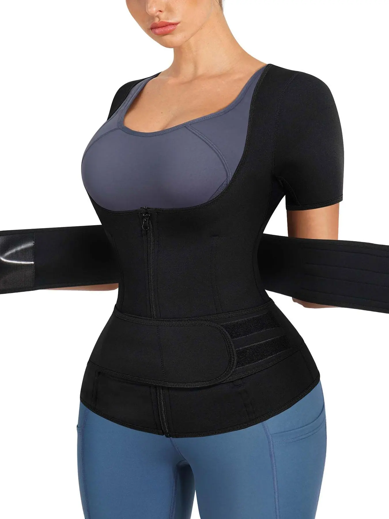 Women's Solid Zipper Sauna Top, Adjustable Velcro Short Sleeve Sauna Top, Women's Sportswear for Indoor & Outdoor Wear, Gym Performance Top, Fitness Exercise Wear, Fitness Apparel