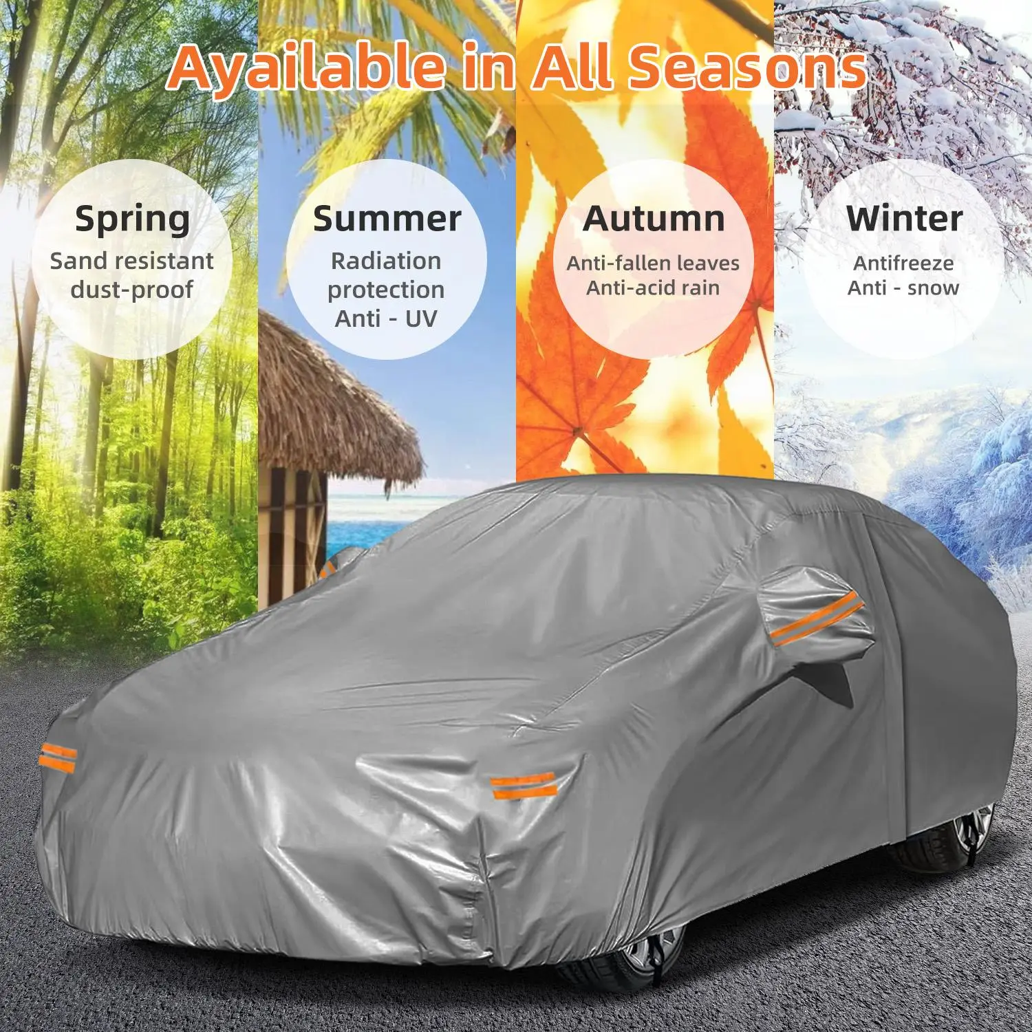 All-Weather Car Cover with Zipper Door & Reflective Strips for Night Safety, UV Resistant Dustproof Outdoor Full Car Protector for Sedan SUV