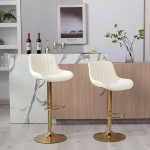 Velvet Bar Stools Set of 2 - Swivel Counter Height Barstools with Back & Adjustable Height, Modern Gold Kitchen Island Stools for Bar, Armless Pub Stools, Soft Beige Upholstered Seating