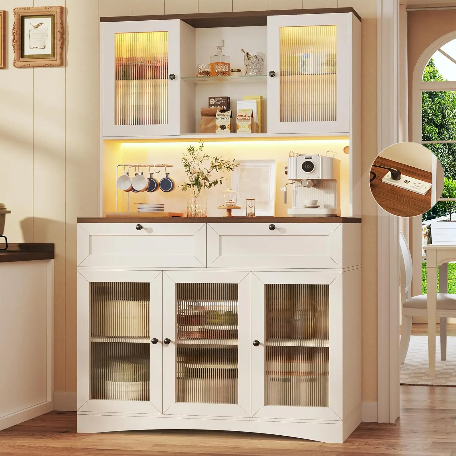 71" Kitchen Pantry Cabinet with Lights & Glass Doors, Pantry Storage Cabinet with Microwave Stand, Kitchen Hutch Food Cabinets with Charging Station, Adjustable Shelves, White