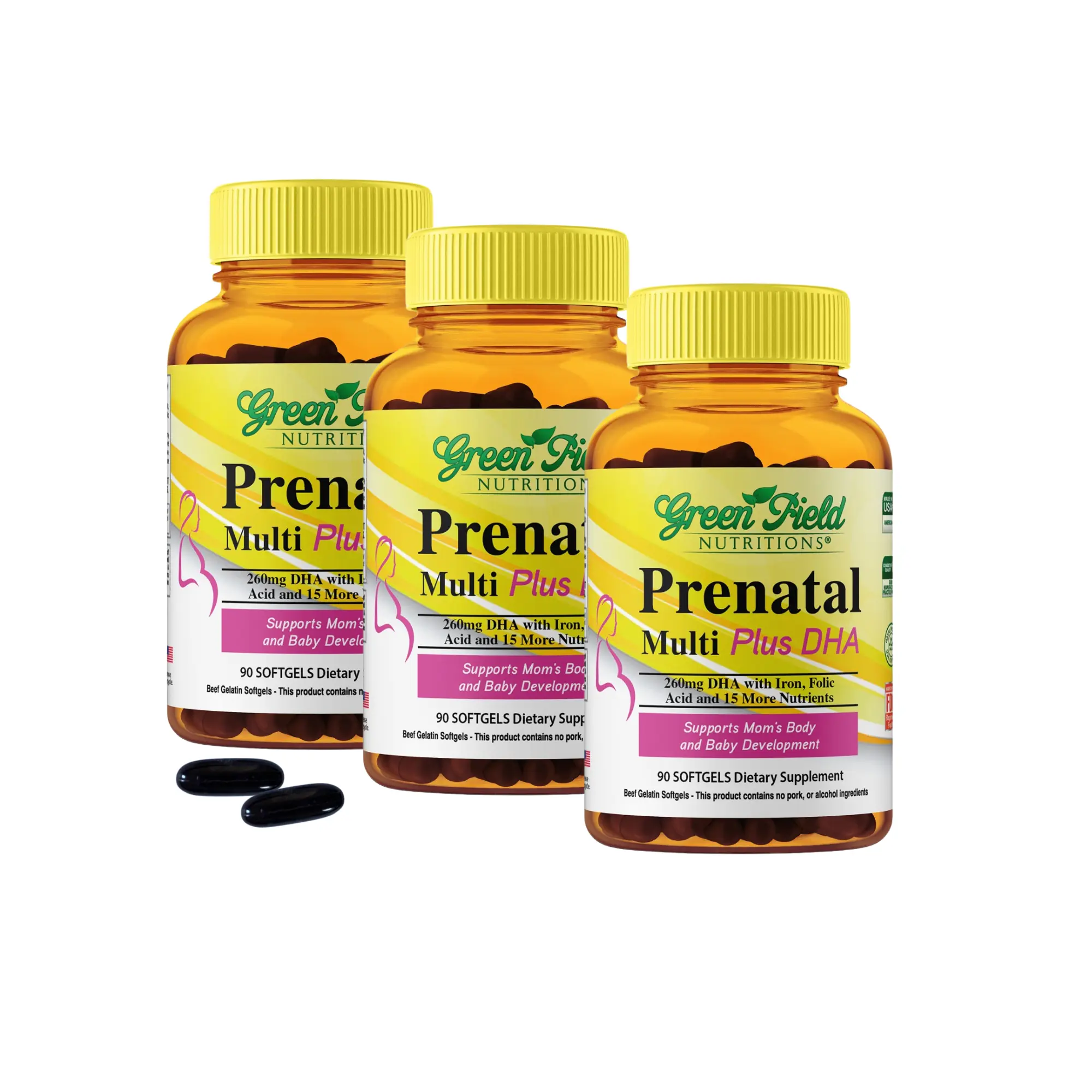 Bundle - Greenfield Nutritions - Halal Prenatal Vitamins with Minerals, DHA, 800 mcg Folic Acid and Iron, Easy to Swallow - 90 Liquid Soft gel