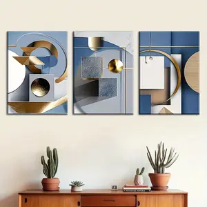 3-piece framed set - Abstract geometric gold and blue art-themed canvas wall painting, 2D flat design, suitable for Halloween, Christmas, winter, and summer, luxurious interior decoration, suitable for men/women, bedroom, living room, bathroom, home offic