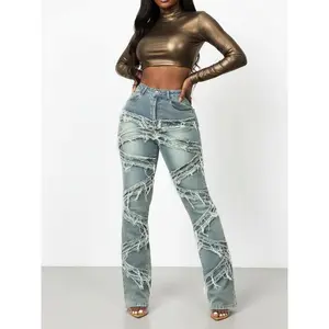 Women’s Casual Jeans Y2K Streetwear 90s Slant Pockets High Stretch Distressed Frayed Unique Tassel Hip Hop Denim Pants with Frayed Detailing for Everyday Wear - Fashion