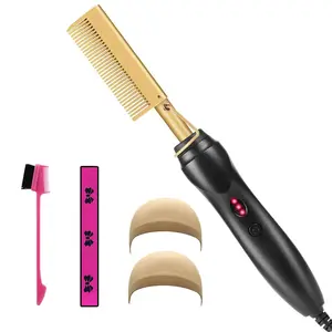 Professional Portable Electric Ceramic Hot Comb Hair Straightener Edge Control Brush Wig Bands Wig Caps Hot Comb Set for Wigs