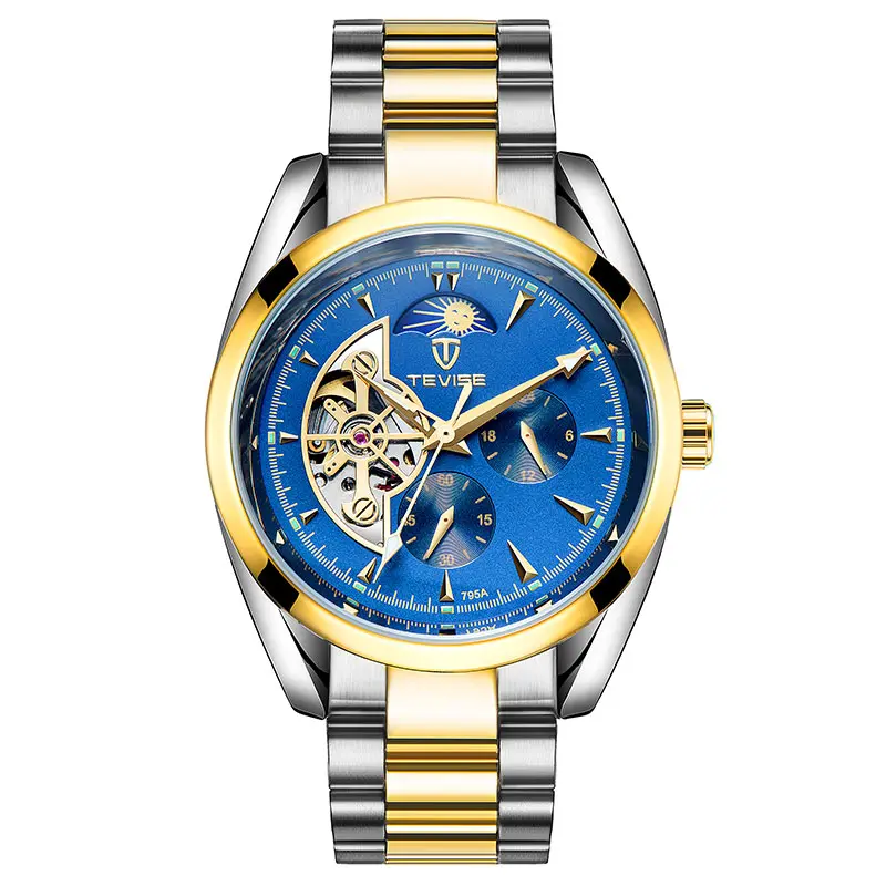 TEVISE men's watch, men's skeleton watch with stainless steel strap, automatic mechanical watch, day and night starry sky wristwatch, flywheel, suitable for giving to family members, partners, and friends.relojes para hombres