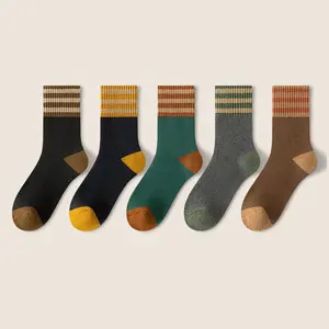 Retro Striped Color Block Crew Socks, 5 Pack, Casual Cotton Blend Winter Socks for Women, Black, Green, Brown, Grey Adorable Breathable Ankle lebon shoppe comfy bom  kin  ta  socks